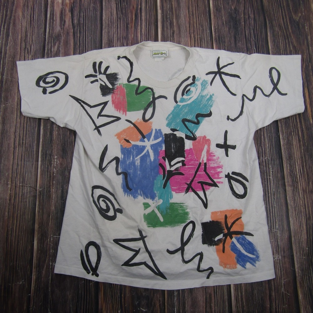 Vintage Jacques Moret Abstract Art Shirt Mens L/XL White Single Stitch Tee 90s
